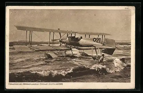 AK Französisches Marineflugzeug (Breguet Doppeldecker) beim Start, Wasserflugzeug