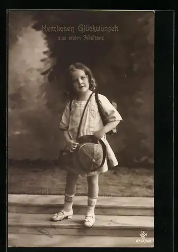 Foto-AK RPH SBW 5747 /48: Mädchen mit Hut und Schulranzen