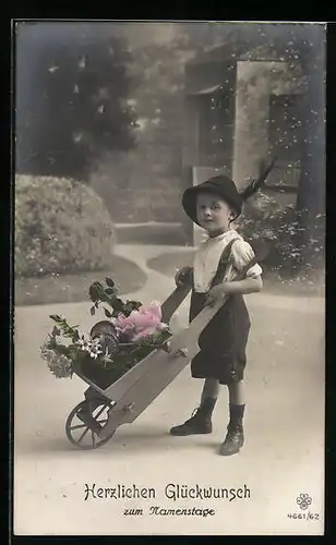 Foto-AK RPH SBW 4661 /62: Bub mit Schubkarre voller Blumen