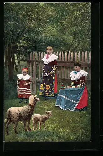 AK Kinder in Volkstrachten aus Schaumburg-Lippe u. den hessischen Landen mit Schäfchen