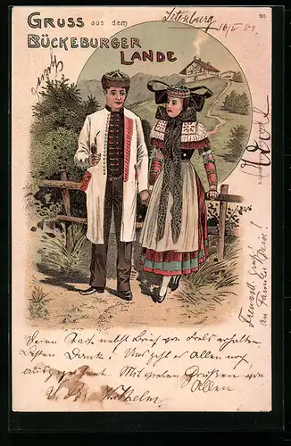 Lithographie Paar in Tracht aus dem Bückeburger Lande