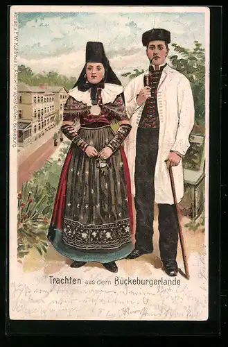 Lithographie Pärchen in Tracht aus dem Bückeburger Lande