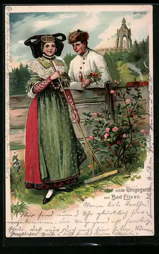 Lithographie Pärchen im Garten in Tracht aus Umgegend von Bad Eilsen