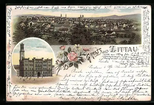 Vorläufer-Lithographie Zittau, 1895, Totalansicht, Rathaus