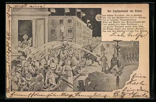 Künstler-AK Hamburg-Altona, Der Zapfenstreich von Altona, Strassenreiniger spritzt Menschenmenge nass, Mond lacht