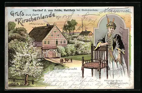 Lithographie Steinkirchen, Gasthof J. zum Gelde, Altländer Braut in Nationaltracht