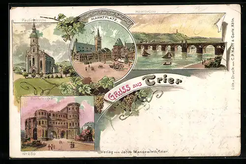 Lithographie Trier, Marktplatz, Porta nigra, Paulinskirche