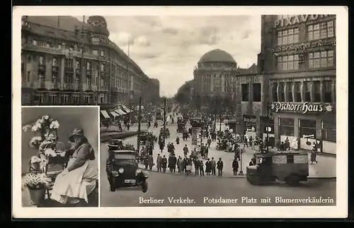 AK Berlin, Potsdamer Platz mit Pschorr-Haus, Blumenverkäuferin, Strassenverkehr