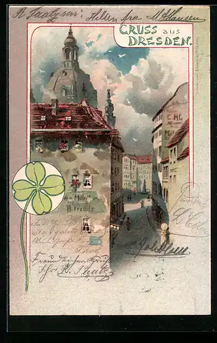 Künstler-AK Dresden, Strassenpartie mit Blick zur Frauenkirche