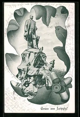 Künstler-AK Leipzig, Bismarck mit Hund auf Erhöhung