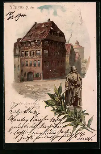 Künstler-AK Nürnberg, Albrecht Dürer Haus u. Denkmal