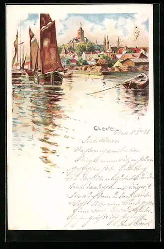 Künstler-AK Cleve, Flusspartie mit Booten