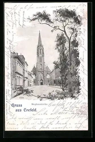 AK Crefeld, Strassenpartie mit Stephanskirche