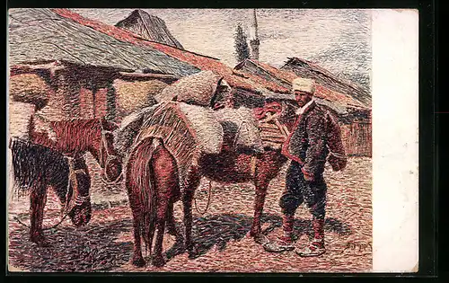 Künstler-AK Mann in Tracht mit Pferden, Bosnien und Hercegovina