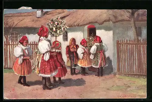 Künstler-AK Mädchen in Trachten mit Zweigen