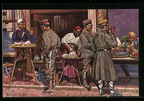 Künstler-AK Strassenleben in Uesküb, Tracht, Soldaten