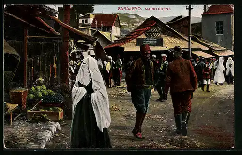 AK Sarajevo, Marktscene mit Männern und Frauen, verschleiert