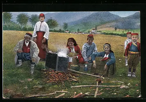 Künstler-AK Preparation du repas en pleine campagne à Montenegro