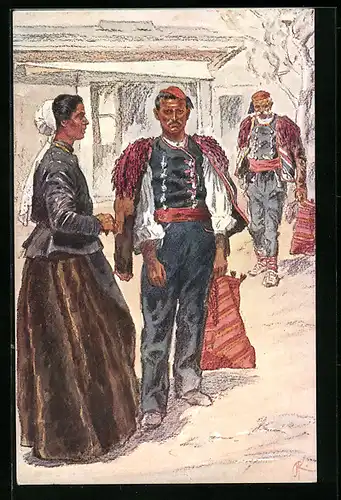 Künstler-AK Spalato, Zwei Männer und Frau in Tracht