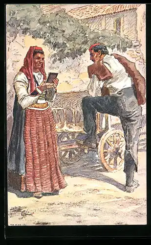 Künstler-AK Spalato, Mann und Frau in Tracht mit Karren