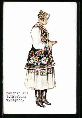 Künstler-AK Zagreb, Bäuerin in kroatischer Volkstracht