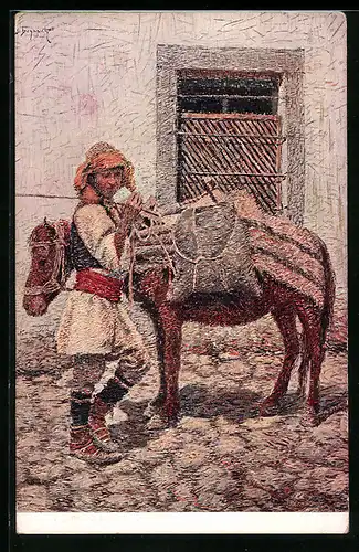 Künstler-AK Bosnien-Hercegovina, Junger Mann mit einem Esel