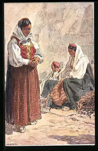 Künstler-AK Spalato, Mann und zwei Frauen in Tracht