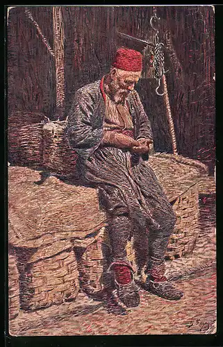 Künstler-AK Bosnien-Hercegovina, Älterer Herr in Tracht sitzt auf Körben