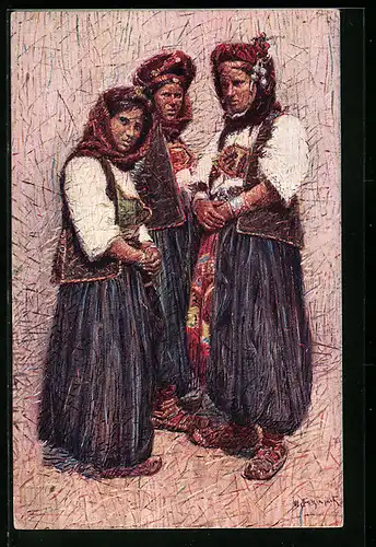 Künstler-AK Bosnien-Hercegovina, Drei Frauen in Trachtenkleidung