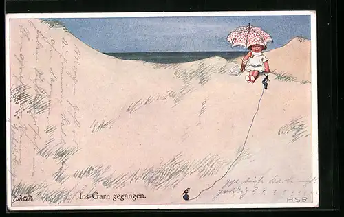 Künstler-AK H.S.B.: Ins Garn gegangen, Kleiner Strickerin ist ihr Wollknäul die Düne hinab gerollt