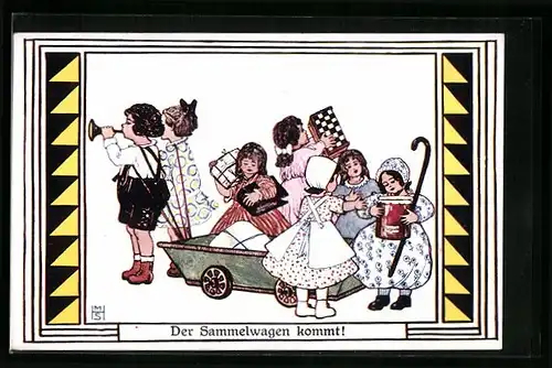 Künstler-AK M.H.S.: Kinder legen Geschenke in den Sammelwagen, Kinder im Weltkrieg