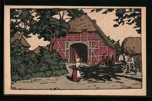 Steindruck-AK Bauernhaus in Schleswig-Holstein