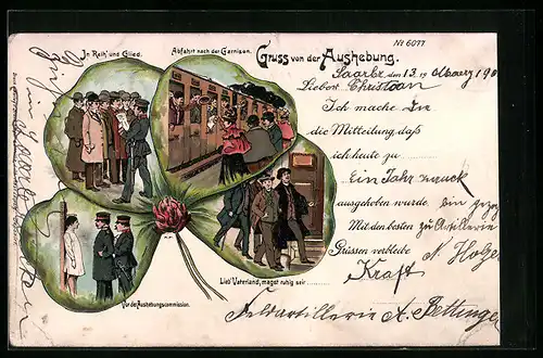 Lithographie Gruss von der Aushebung, Soldatenhumor, Kleeblatt