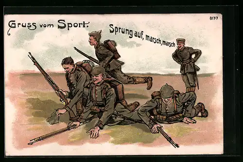 Künstler-AK Bruno Bürger & Ottillie Nr. 8177: Gruss vom Sport, Sprung auf, marsch, marsch