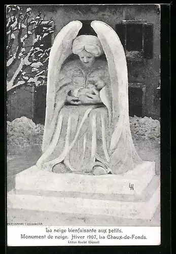 AK La Chaux-de-Fonds, La neige bienfaisante aux petits, Monument de neige, Hiver 1907. Eisplastik