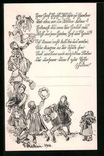 Künstler-AK Franz Skarbina: Kinder mit Blumenkranz, Graf Zeppelin