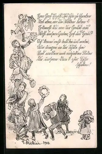 Künstler-AK Franz Skarbina: Kinder mit Blumenkranz, Graf Zeppelin