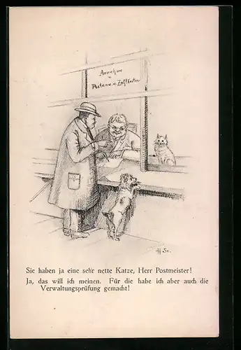 Künstler-AK H. Starkloff: Mann mit Hund am Postschalter