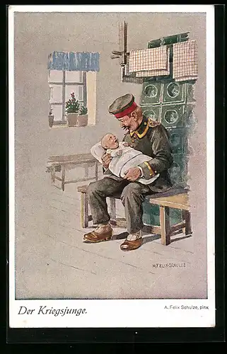 Künstler-AK Felix Schulze: Soldat mit einem Baby