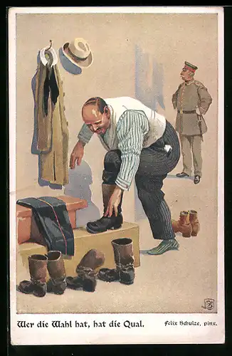 Künstler-AK Felix Schulze: Mann zieht sich Stiefel an