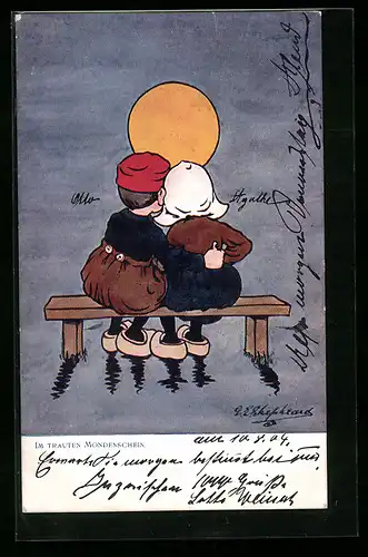 Künstler-AK George Edward Shepheard: Rückenansicht von holländischem Paar bei Mondschein