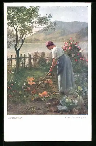 Künstler-AK Karl Maria Schuster: Frau arbeitet im Hausgärtlein