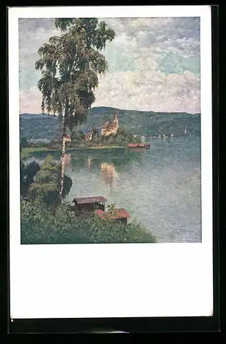 Künstler-AK Karl Maria Schuster: Maria Wörth, Uferpartie mit Kirche