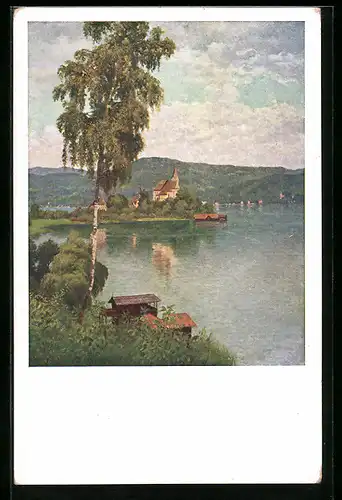 Künstler-AK Karl Maria Schuster: Maria Wörth, Uferpartie mit Kirche