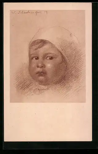 Künstler-AK Walter Schachinger: Kleines Kind mit Mütze