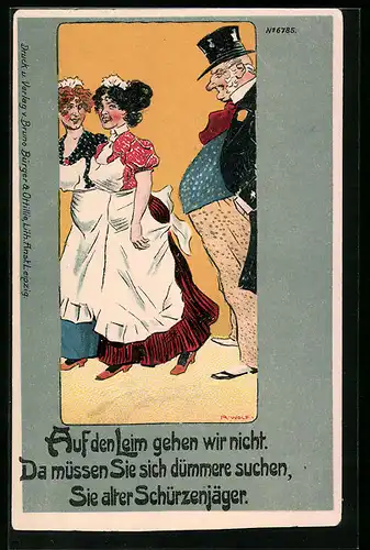 Künstler-AK Bruno Bürger & Ottillie Nr. 6785: Älterer Herr schaut zwei Frauen nach