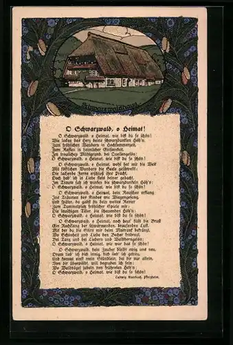 Steindruck-AK O Schwarzwald, o Heimat!, Schwarzwaldhaus in Landschaft