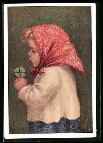 Künstler-AK Maria Spötl: Mädchen mit rotem Kopftuch und vierblättrigen Kleeblatt