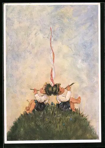 Künstler-AK Maria Spötl: VMS, Knaben spielen Flöte