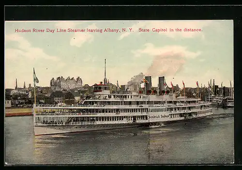 AK Hudson River Day Line Steamer Hendrick Hudson Leaving Albany, N.Y., State Capitol in the distance